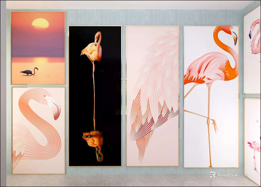 Flamingo Animal Paintings with Various Poses Feather Details and Sunset Background for Wall Decor 3d model 