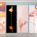 Flamingo Animal Paintings with Various Poses Feather Details and Sunset Background for Wall Decor