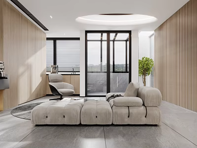 Modern Lounge Interior Design With Beige Sofa Ottoman Wooden Walls And Floor to Ceiling Windows 3d model