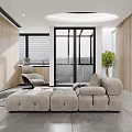 Modern Lounge Interior Design With Beige Sofa Ottoman Wooden Walls And Floor to Ceiling Windows