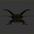 Blue Beetle With Large Horns And Wings Near Green Leaf On Dark Background