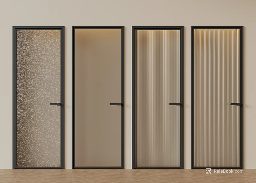 Modern Interior Doors With Black Frames And Various Textured Glass Panels 3d model