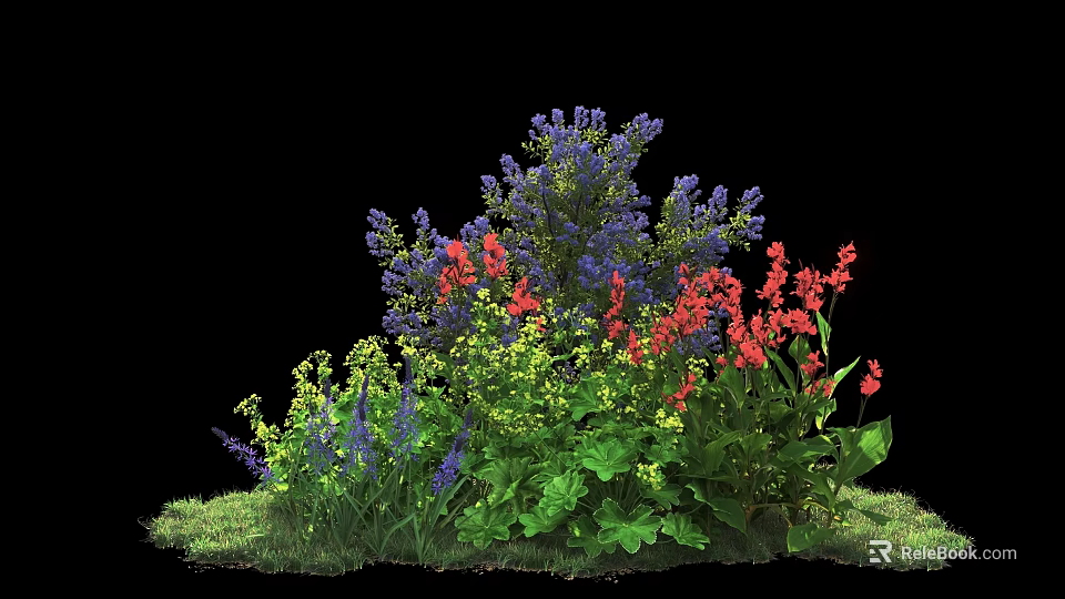 Colorful Shrub With Purple Red Yellow Flowers Green Leaves And Grass 3d model 