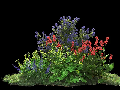 Colorful Shrub With Purple Red Yellow Flowers Green Leaves And Grass 3d model