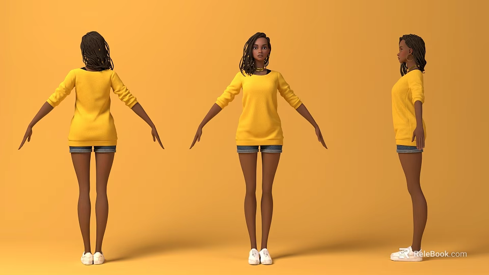Game Movie Female Character Wearing Yellow Top Blue Shorts White Shoes Three Angles Orange Background 3d model 