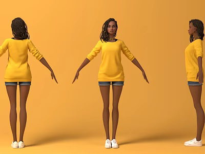 Game Movie Female Character Wearing Yellow Top Blue Shorts White Shoes Three Angles Orange Background 3d model