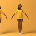 Game Movie Female Character Wearing Yellow Top Blue Shorts White Shoes Three Angles Orange Background