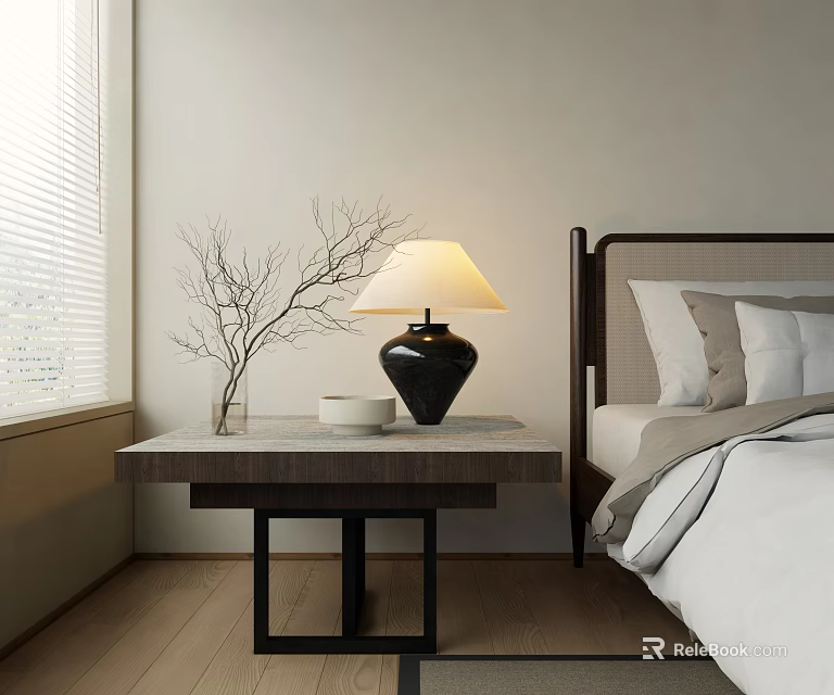 Minimalist Modern Wooden Bedside Table With Black Lamp Clear Vase Branches And White Bowl 3d model 