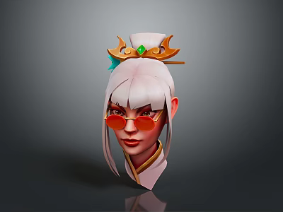 Child With Long White Hair Golden Crown Green Gemstone Orange Glasses White Outfit Golden Collar 3d model