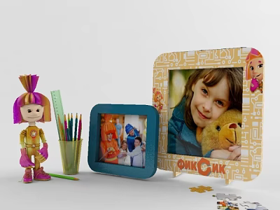 Decorative Yellow Photo Frame With Girl Teddy Bear And Blue Cartoon Frame Near Colored Pencils 3d model