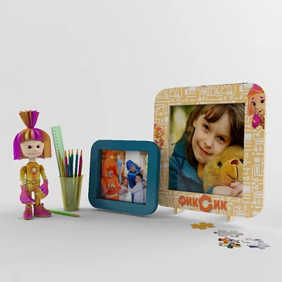 Decorative Yellow Photo Frame With Girl Teddy Bear And Blue Cartoon Frame Near Colored Pencils 3d model