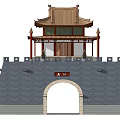 Ancient Chinese City Gate Architecture With Multi Tiered Roof Red Pillars And Crenellated Wall