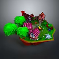 3D Model Apartment With Red Roof Green Trees Small Pond And Decorative Items