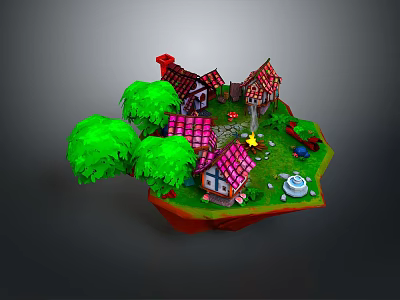 3D Model Apartment With Red Roof Green Trees Small Pond And Decorative Items 3d model