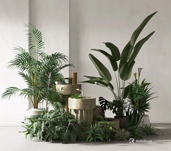 Lush Indoor Potted Plants Arrangement With Various Green Species And Stone Containers 3d model 