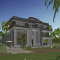 Modern Style Detached Villa With Large Windows Palm Trees And Green Lawn