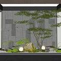 Serene Courtyard Garden with Glass Frame Gray Wall Lush Tree Stones Moss and Illuminated Lights