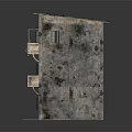 Three Story Building Model With Weathered Beige Exterior Dark Stains And Balconies Hanging Colored Clothes