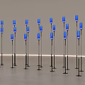 Art Installation With Blue Poles And Central Figure In Circular Space