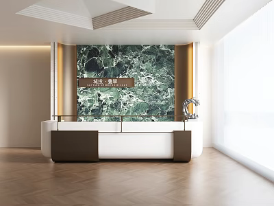 Modern Reception Desk With Green Marble Wall Wooden Floor And Decorative Sculpture 3d model