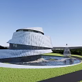 Modern Cultural Center Building with Curved White Facade Water Pool and Green Lawn 3d model