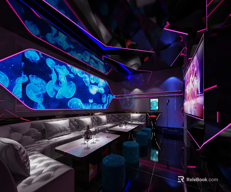 Modern KTV Interior With Jellyfish Wall Sofas TV Screens And Purple Blue Lighting 3d model 