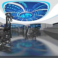 Modern Control Room Interior With Large Blue Display Screens Neat Consoles And Round Lighting Ceiling