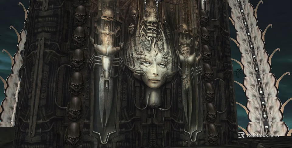 Gothic Cartoon Scene With Carved Female Face Skulls And Decorative Swords 3d model 