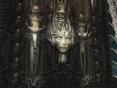 Gothic Cartoon Scene With Carved Female Face Skulls And Decorative Swords 3d model