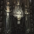 Gothic Cartoon Scene With Carved Female Face Skulls And Decorative Swords