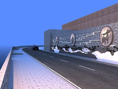Urban Road Facilities With Brick Wall Circular Decorations Vehicle And Pavement 3d model