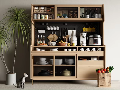 Wooden Sideboard with Storage for Kitchenware Tableware Green Plant and Vegetables in Modern Kitchen 3d model