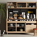Wooden Sideboard with Storage for Kitchenware Tableware Green Plant and Vegetables in Modern Kitchen
