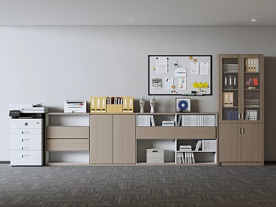 Modern Office Workspace With Bookshelf File Folders Printer And Bulletin Board 3d model