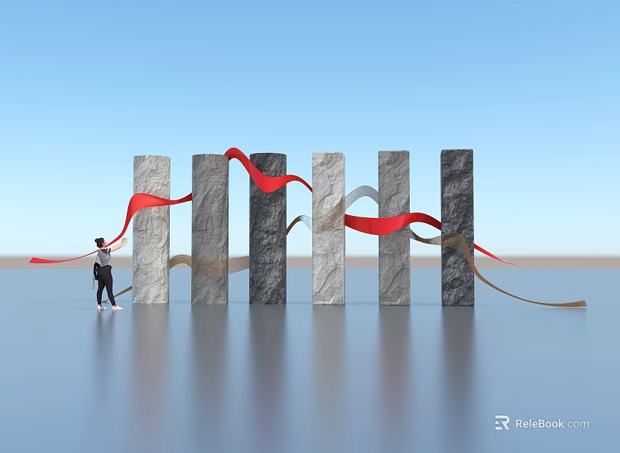 Art Installation with Gray Black Columns Red Gray Ribbons Under Blue Sky Over Water Surface 3d model 