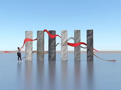 Art Installation with Gray Black Columns Red Gray Ribbons Under Blue Sky Over Water Surface 3d model