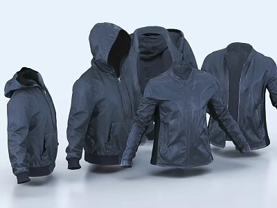 Dark Colored Jackets Hooded And Stand Up Collar Styles Multiple Pieces Displayed From Various Angles 3d model