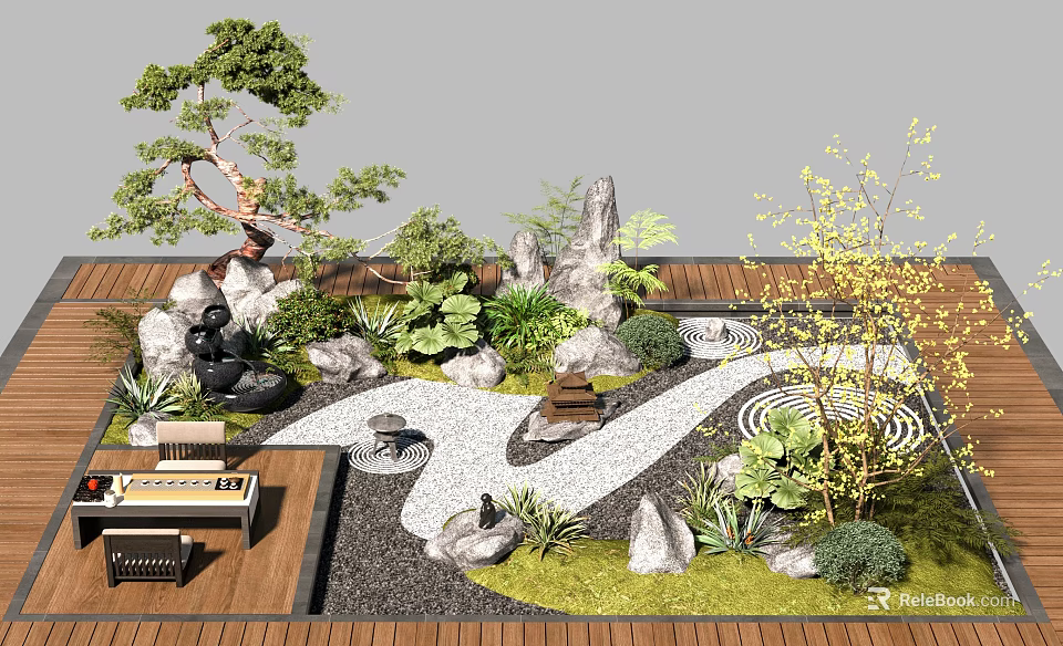 Japanese Zen Garden Design With Dry Landscape Stones Green Plants And Pathway 3d model 