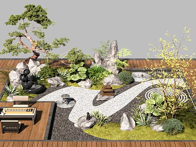 Japanese Zen Garden Design With Dry Landscape Stones Green Plants And Pathway 3d model