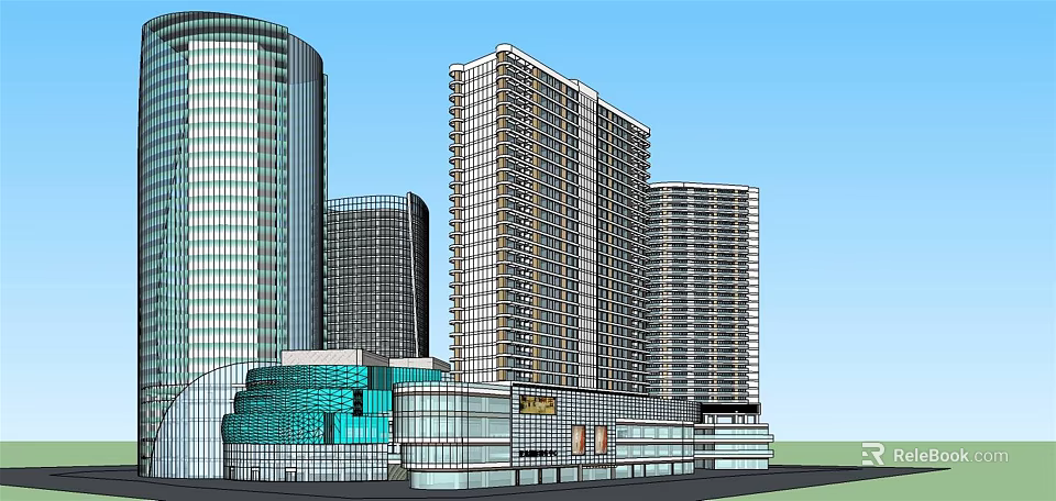 Modern Commercial Complex With Tall Buildings Shopping Mall And Glass Facade 3d model 