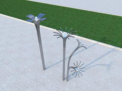 Modern Outdoor Lights Floral Inspired Metal Design Standing On Paved Ground With Green Grass 3d model