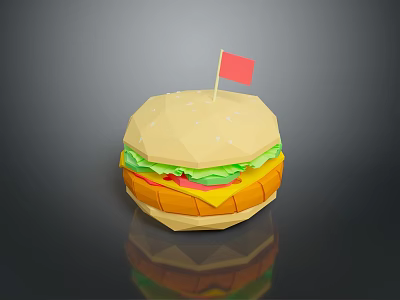 Low Poly Style Hamburger With Small Red Flag And Reflection On Dark Background 3d model