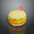 Low Poly Style Hamburger With Small Red Flag And Reflection On Dark Background