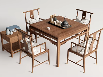 Traditional Chinese Wooden Tea Table And Chairs With Side Table And Tea Set 3d model