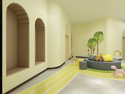 School Kindergarten Interior With Arched Niches Yellow Walls Tree Decals And Striped Floor 3d model