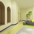 School Kindergarten Interior With Arched Niches Yellow Walls Tree Decals And Striped Floor