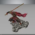 Monkey King Statue With Golden Staff Red Cape Armor And Cloud Base 3d model
