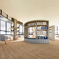 Book Art Inspired Modern Library Interior with Wooden Bookshelves Reading Tables and Large Windows