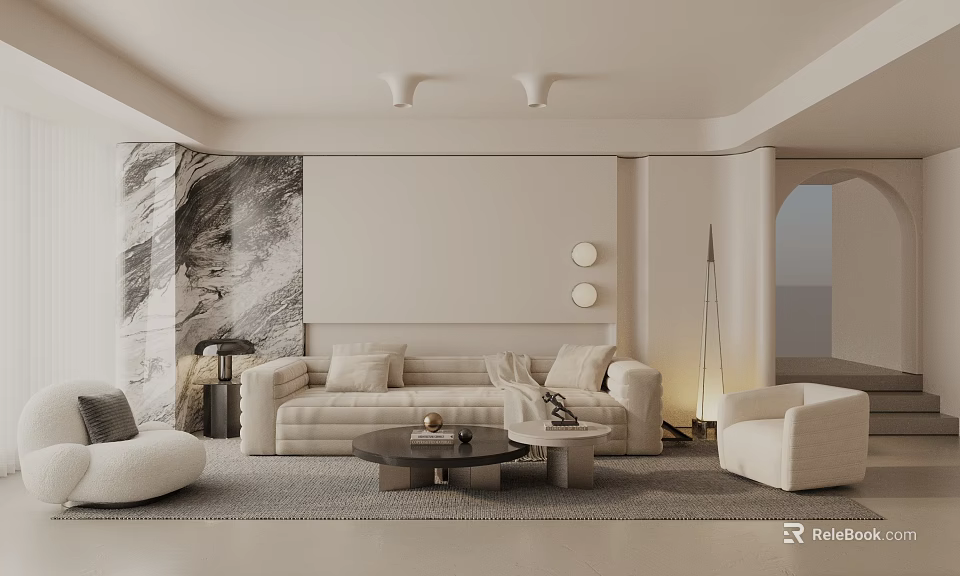 Modern Minimalist Living Room With Beige Sofa Marble Wall Round Decor And Coffee Table 3d model 