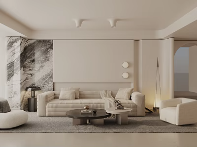 Modern Minimalist Living Room With Beige Sofa Marble Wall Round Decor And Coffee Table 3d model